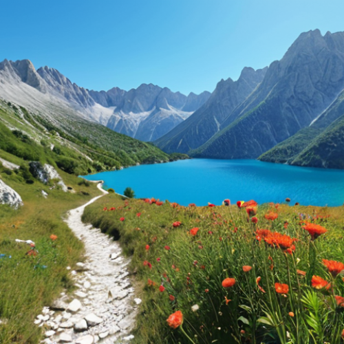 Home 4 **
Prompt: Albanian Alps mountains, hiking trail, clear blue lake, sunny day, scenic view.
**