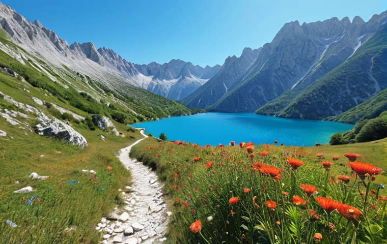 **
Prompt: Albanian Alps mountains, hiking trail, clear blue lake, sunny day, scenic view.
**